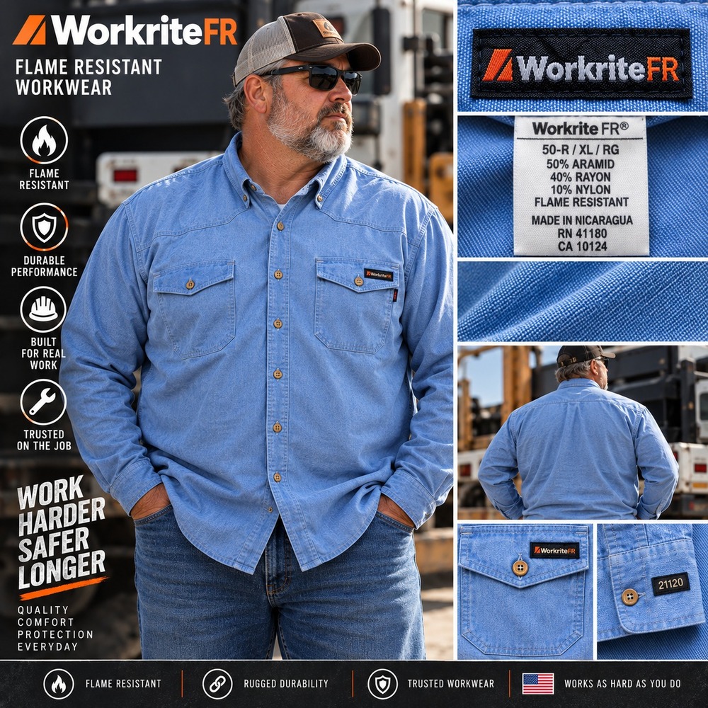 Workrite FR Men XL 50R Blue Westex UltraSoft CAT 2 Utility Work Shirt Industrial
